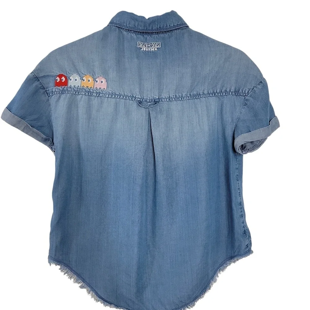 Justice Girls Pac-Man Ghost Gang Chambray Button Up Shirt Sx 12 14 L Embroidered